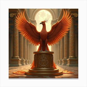 A Regal Phoenix Perched On A Golden Pedestal In A Grand Palace Canvas Print