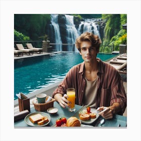 Boy is having breakfast At the pool Canvas Print