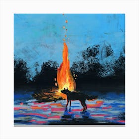 winter dog fire animal fireplace campfire blue arctic black evening night painting square bedroom living room Canvas Print