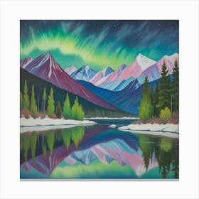 Aurora Over Snow Capped Peaks A Tranquil Mountain Reflection (7) Canvas Print