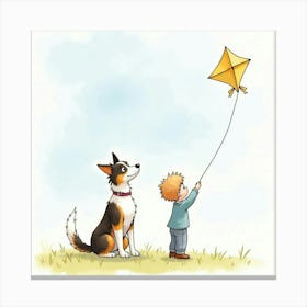 A Border Collie And A Boy Flying A Kite Together, Watercolor 1 Canvas Print