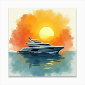 Sleek Yacht Amidst Watercolor Golden Sunset 1 Canvas Print