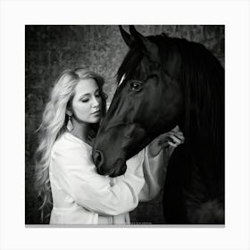 Woman And Stallion Rendered In Timeless Black And White Juxtaposed Against An Abstract Textured Ba Canvas Print