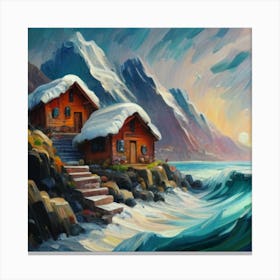 Acrylic and impasto pattern, mountain village, sea waves, log cabin, high definition, detailed geometric 4 Canvas Print