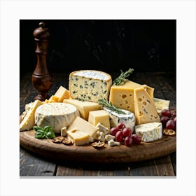 Cheddar Gouda Brie Camembert Parmesan And Mozzarella Positioned Artistically On A Rustic Wooden Canvas Print