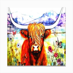 Highland Cow And Flowers - Cow In The Meadow Canvas Print