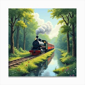 Charming Old Train Journey Through A Tranquil Watercolor Forest 1 Canvas Print