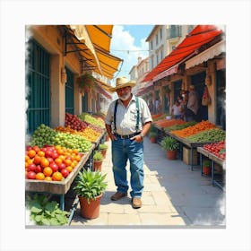 Spanish Man In A Lively Market, Watercolor With Vibrant Activity 1 Canvas Print