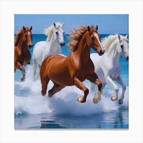 Brown and White Horses Running In The Ocean Canvas Print