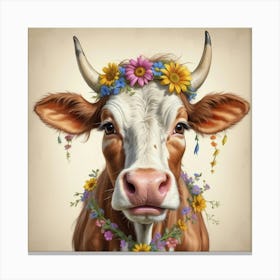 Cow With Flowers 5 Canvas Print