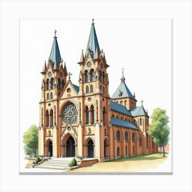 Spanish Cathedral With Watercolor Gothic Architecture And Details Canvas Print