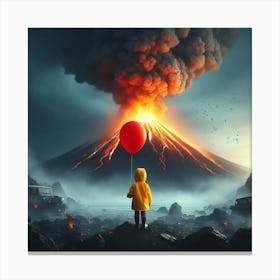 It'S A Beautiful Day a boy wearing a yellow rain coat holding a red ballon, standing in front of a smokey volcano, digital art.. 1 Canvas Print