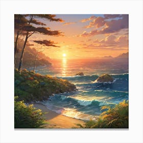 Serene Sunset Over a Coastal Landscape With Lush Vegetation and Crashing Waves Canvas Print