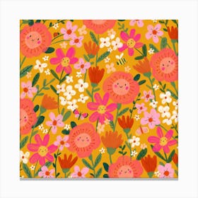 Happy Meadow Floral Pattern Square Canvas Print