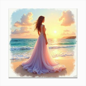 Graceful Gown Watercolor, Amidst A Tranquil Beach Sunrise 1 Canvas Print