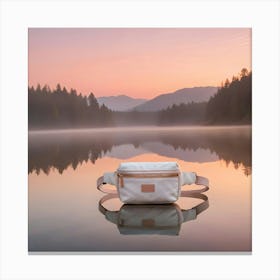 A White Fanny Pack With Gold Accents Displayed On A Calm Lake Reflecting A Misty Mountain Sunrise Canvas Print