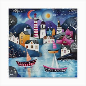 Boathouses At Night, Naïve Folk Canvas Print