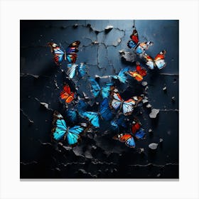 Butterflies On The Wall, Blue Butterflies In A Brick Wall, Butterflies Emerging From A Cracked Dark Wall Representing Transformation And Hope Canvas Print