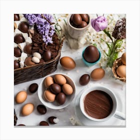 Easter Basket With Chocolate Eggs And Flowers Canvas Print