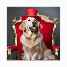 Regal Golden Retriever Dog On Kings Chair Red Hat Canvas Print