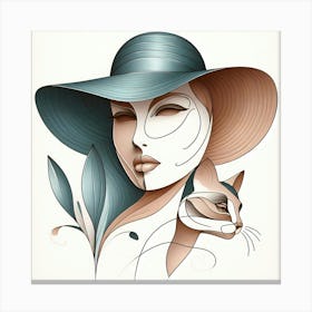 Woman In Hat And Her Cat - Color Minimal Line Drawing Canvas Print