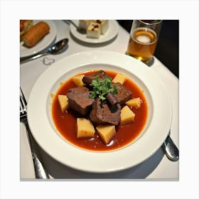 Watercolor Image Of A Savory And Hearty Lamb Stew On A Stylish Restaurant Table Canvas Print