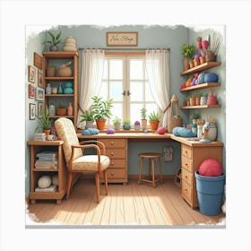 Cozy Knitting Shop In Watercolor, With Yarn And Crafting Supplies Canvas Print