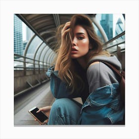 Young Woman In Denim Jacket Canvas Print