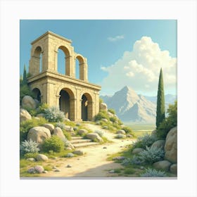 Ancient Watercolor Ruins In A Dreamlike Landscape 1 Canvas Print