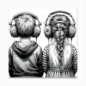 Two Kids Listening To Music Canvas Print