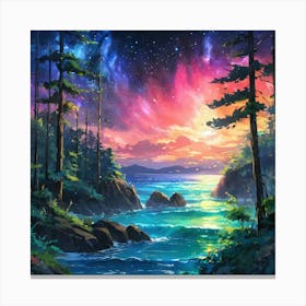 Vibrant Twilight Over a Secluded Cove Surrounded by Forest Canvas Print