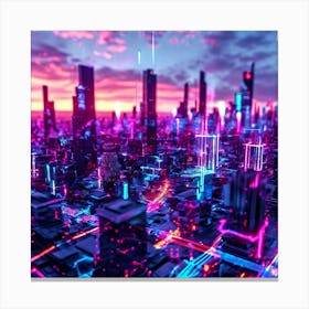 Augmented Reality Interface Holographic Elements Cascading Over A Bustling Cityscape At Dusk Neon 789043003 (2) Canvas Print