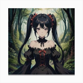 Enigmatic Darkness: A Girl With Black Twin Tails Wearing A Nightmarish Dress Stands Deep In The Forest, Casting A Sinister Gaze Canvas Print