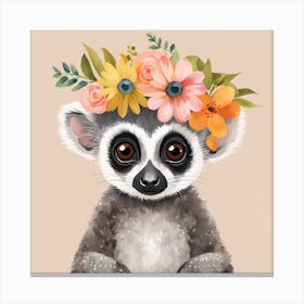 Floral Baby Lemur Nursery Illustration (17) Canvas Print