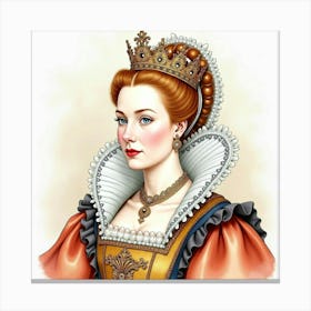 Queen Elizabeth I In Watercolor, Adorned With Golden Embroidery, Elegant 1 Canvas Print