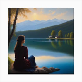 Woman Sitting By Lake Canvas Print