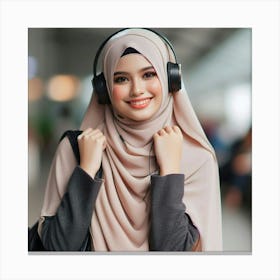 A beautiful young woman wearing a hijab and headphones smiles while listening to her favorite music on her phone as she walks down the street Canvas Print
