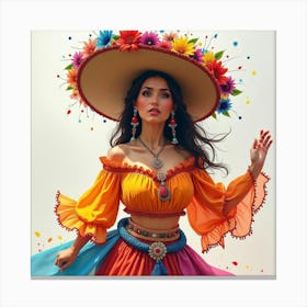 Spanish Woman In A Vibrant Carnival, Watercolor With Energetic Colors 1 Canvas Print