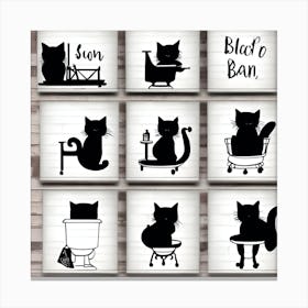 Set of 6 Black Cat Bathroom Wall Art, Bathroom Wall Decor Set, Cute Black Cat In Bath Artwork, Cat On Toilet Print, Cat Lover Gift Canvas Print