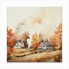 Autumnal Landscape Featuring Falling Leaves Watercolor Painting Soft Toned Florals Cottages With (2) Canvas Print