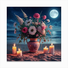 vase flowers on Night At The Beach Canvas Print