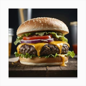 Burger On A Wooden Table Canvas Print