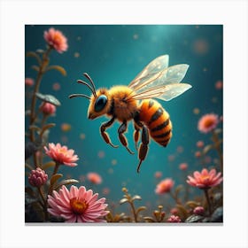 A Whimsical Bee With A Body Of Fractal Patterns Hovering Over A Surreal, Glowing Garden 1 Canvas Print