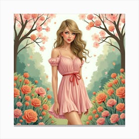 Taylor Swift In A Watercolor Garden, Surrounded By Blooming Flowers And Trees Canvas Print