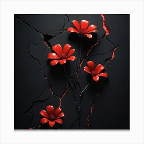 Red Flowers On A Cracked Wall Canvas Print