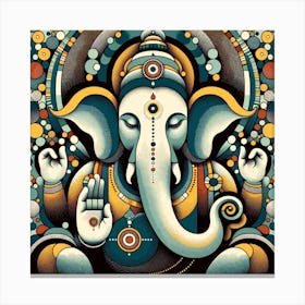 "Ornate Omnipresence: Ganesha's Celestial Embrace" - This piece is a stunning representation of Lord Ganesha, intricately detailed with a cosmic tapestry of dots and circles that create a mesmerizing mandala around the deity. The harmonious colors, featuring teal, ochre, and hints of warm oranges, convey wisdom and tranquility. The central figure of Ganesha, symbolizing knowledge and the removal of life's obstacles, is both grounding and uplifting. This artwork is a sanctuary of visual splendor, perfect for enhancing the spiritual ambiance of any room and serving as a daily reminder of Ganesha’s protective and guiding presence. Canvas Print