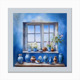 Blue wall. Open window. From inside an old-style room. Silver in the middle. There are several small pottery jars next to the window. There are flowers in the jars Spring oil colors. Wall painting.1 Canvas Print