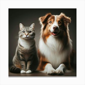 A Fluffy Tabby Cat Sits Next To A Brown And White Australian Shepherd Dog In A Studio With A Dark Background Canvas Print