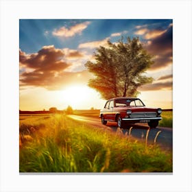 Sunset Car On The Road Canvas Print