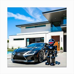 A Sleek Charcoal Grey Lexus Sports Car Is Parked In Front Of A Beautiful Modern House Guarded By A Futuristic Robot Canvas Print